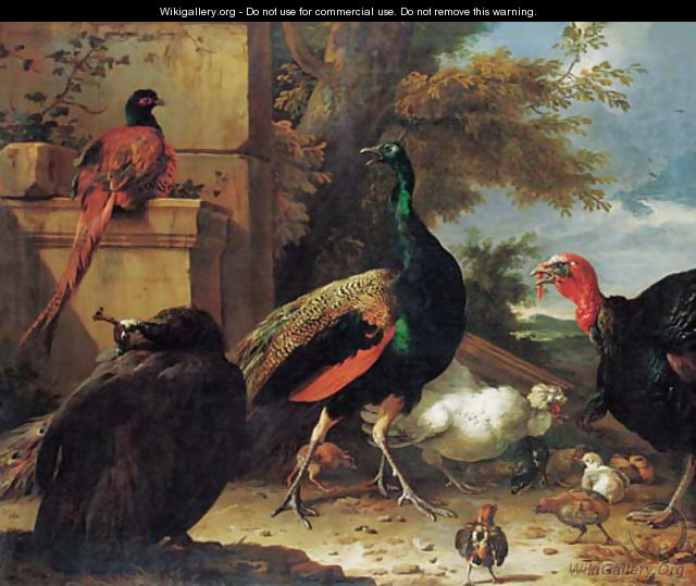 A peacock, a peahen, a pheasant, a turkey, a cockerel and chicks by a wall, a landscape beyond - Melchior de Hondecoeter