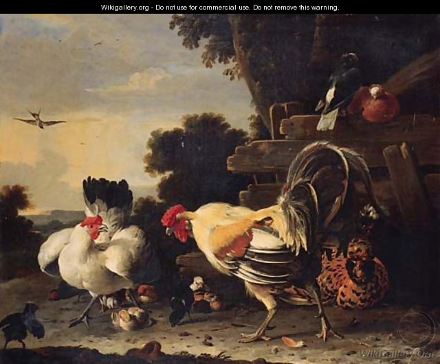 A hen protecting her chickens against a cockerell - Melchior D