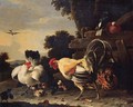 A hen protecting her chickens against a cockerell - Melchior D'Hondecoeter