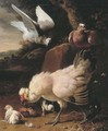 A chicken, chicks and pigeons on a fence, in a landscape - Melchior D'Hondecoeter