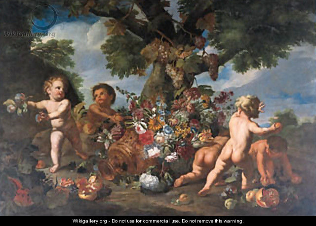 Putti playing with fruit by an upturned urn of flowers - Maximilian Pfeiler