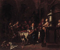 Elegant company making music and dining on a roof terrace - Maximilian Blommaerdt