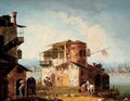 A capriccio with rustic houses and figures on horseback - Michele Marieschi