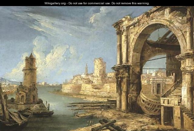 A capriccio of Roman buildings with a shipyard by a lagoon - Michele Marieschi