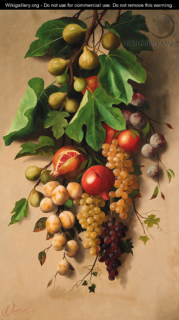 A branch of figs with grapes, plums and pomegranates - Michaelangelo Meucci