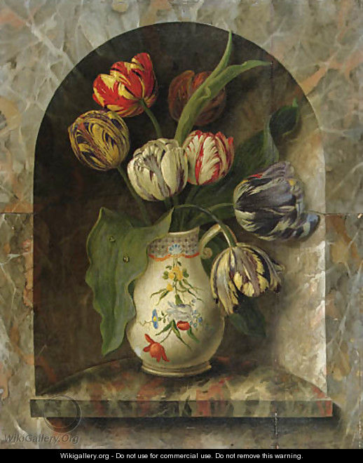 Parrot Tulips in a Jug on a stone Ledge in an Alcove - Michel Joseph Speckaert