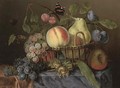 A pear, peaches, plums and grapes in a wicker basket - Michel Joseph Speckaert