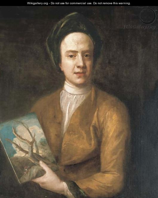 Portrait of an artist, identified as Joseph Goupy (c.1680-c.1770), half-length, holding a landscape painting in the style of Salvator Rosa - Michael Dahl
