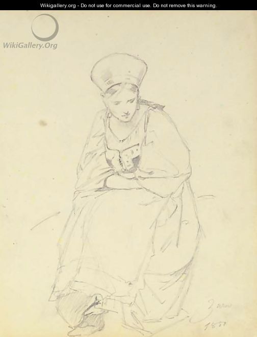 A seated peasant girl looking down - Mihaly von Zichy