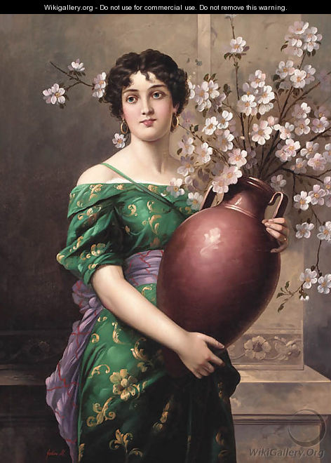 A Lady Holding A Vase Of Flowers - Mihaly Fodor