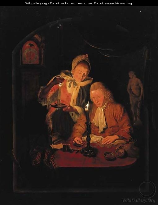 An elegant couple counting money by candlelight, at a stone niche - Michiel Versteegh