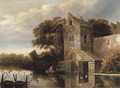 A river landscape with fishermen in a rowing boat, a farmhouse nearby - Michiel van Vries