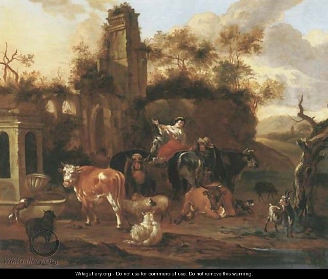 An Italianate landscape with shepherds and their cattle near a ruin - Michiel Carree