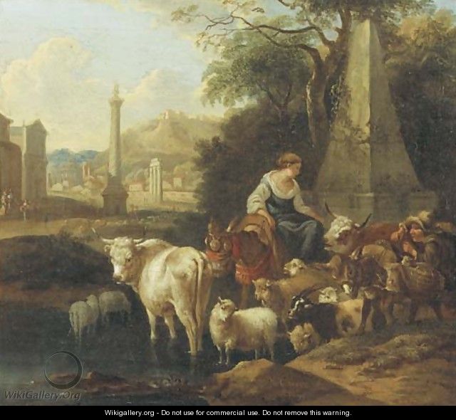 An Italianate landscape with shepherds and their cattle by a fountain - Michiel Carree
