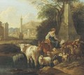 An Italianate landscape with shepherds and their cattle by a fountain - Michiel Carree