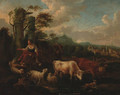 A drover with cattle, sheep and a dog fording a stream in an Italianate landscape - Michiel Carree