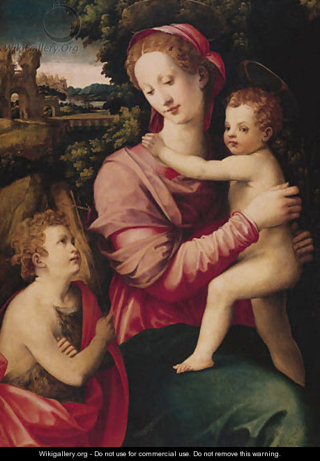 The Madonna and Child with the infant Saint John the Baptist, a wooded river landscape with an imaginary palace beyond - Michele di Ridolfo del Ghirlandaio (see Tosini)