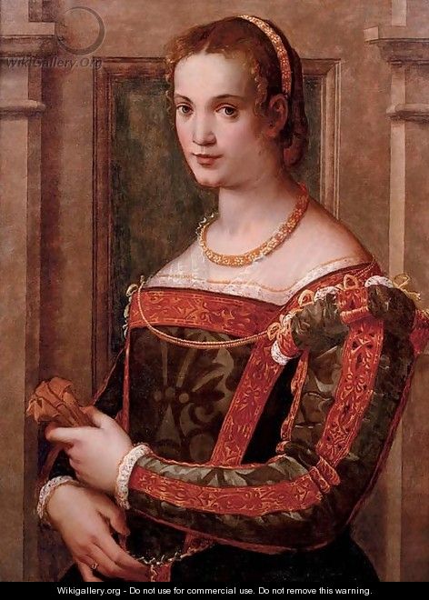 Portrait of a lady, half-length, in a green silk dress with gold trim, holding a glove - Michele di Ridolfo del Ghirlandaio (see Tosini)