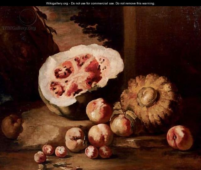 A watermelon, squash, peaches and plums on a stone ground - Michele Pace Del (Michelangelo di) Campidoglio