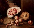 A watermelon, squash, peaches and plums on a stone ground - Michele Pace Del (Michelangelo di) Campidoglio