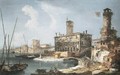 A capriccio landscape with a medieval palace and a tower - Michele Marieschi