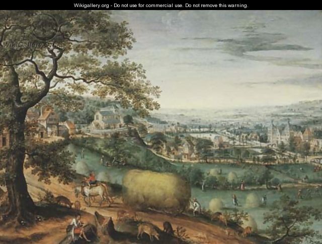 An extensive river landscape with peasants haymaking, a view of Arenberg Castle beyond - Marten Van Valckenborch I