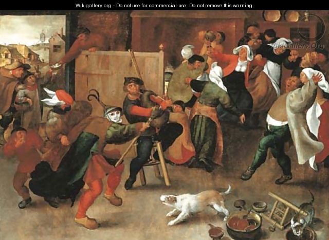 Peasants singing, dancing and drinking in an interior - Marten Van Cleve