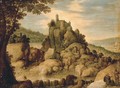 An extensive rocky river landscape with pilgrims resting on a path - Maerten Ryckaert
