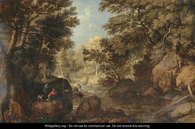 A wooded river landscape with hunters - Maerten Ryckaert