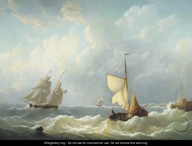 Dutch sailing vessels on choppy waters by a jetty - Martinus Schouman