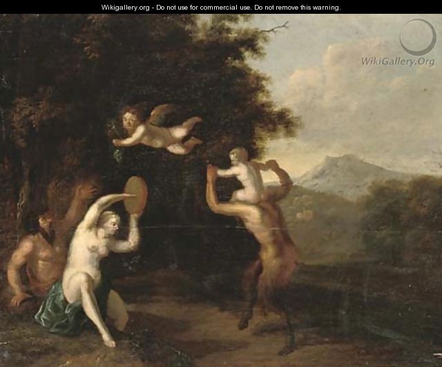 A wooded landscape with satyrs and a nymph dancing - Martinus De La Court