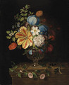 Flowers in a glass Vase with Blackcurrants on a Ledge - Martin Van Dorne