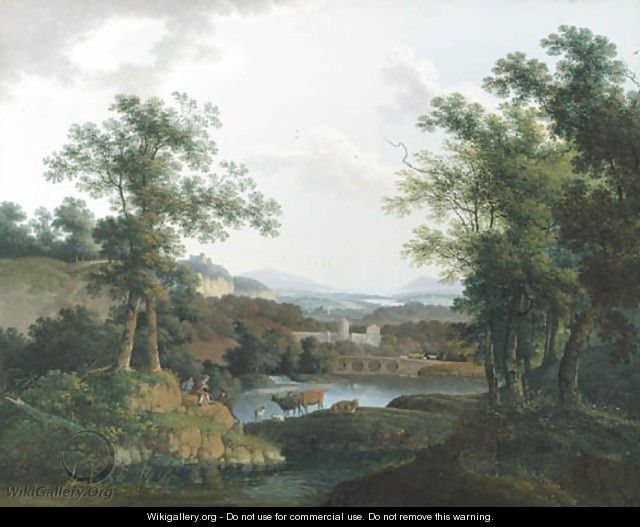 An extensive wooded river landscape with shepherds and their cattle in the foreground, a city beyond - Mattheus Derk Knip