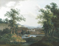 An extensive wooded river landscape with shepherds and their cattle in the foreground, a city beyond - Mattheus Derk Knip