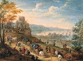 A coastal scene with drovers and their herds and travellers in horse-drawn carts on a path, a harbour with shipping beyond - Mathys Schoevaerdts