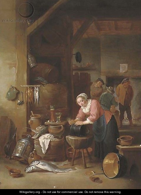 A tavern interior with a woman cleaning a cauldron and three boors drinking in front of an open fire beyond - Matheus van Helmont