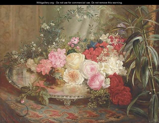 Roses on a silver platter on an oriental rug - Mary Vernon