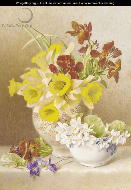 Still life with daffodils, cyclamen and anemones in ceramic vases on a ledge - Mary Elizabeth Duffield