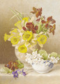 Still life with daffodils, cyclamen and anemones in ceramic vases on a ledge - Mary Elizabeth Duffield