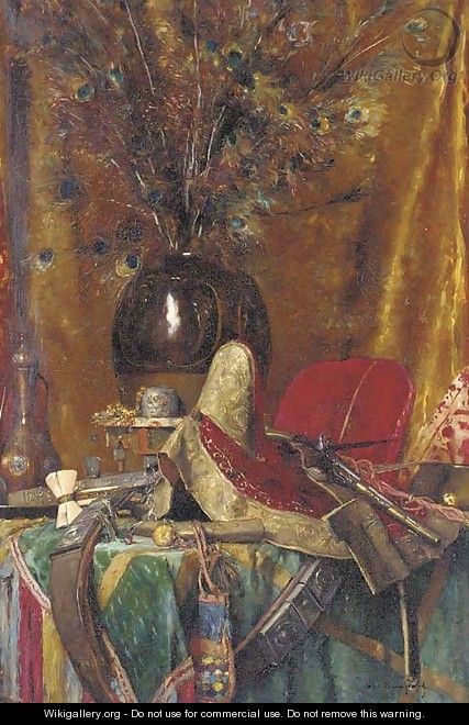A vase of peacock feathers, assorted swords, a pistol, a saddle and other orientalist objects on a table - Maurice Bompard