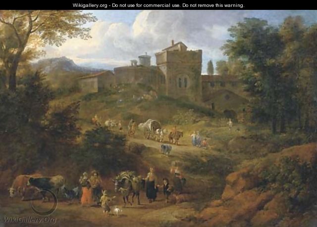 An Italianate landscape with travellers on a hilly path near a villa - Matthys Schoevaerts