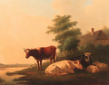 Cattle and sheep on a riverbank by a farmhouse - Matthijs Quispel