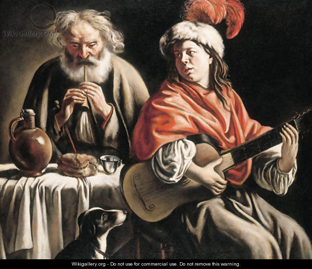 A young man playing a guitar and an old man playing a pipe in an interior - Mathieu Le Nain