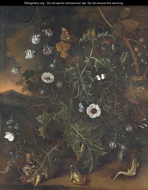 Thistles, brambles, poppies and other plants, with a bird