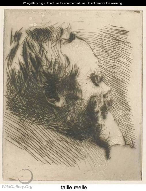 Degas en buste, de profil aA  droite, le menton dans sa main droite - Marcellin Desboutin