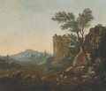 An Italianate landscape with travellers on a track, a ruined castle beyond - (after) Willem De Heusch