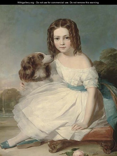 Portrait of a girl, seated full-length, in a white dress, stroking a spaniel, a fountain beyond - Margaret Sarah Carpenter
