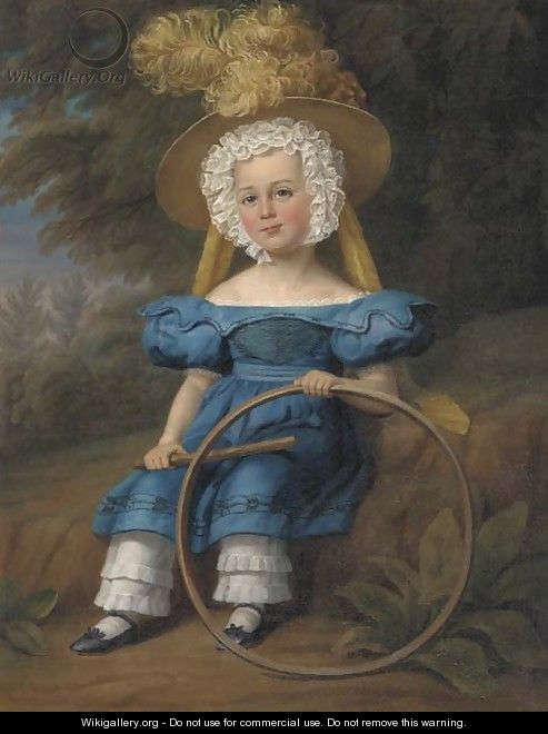 Portrait of a boy, seated full-length, in a blue dress and feathered hat, holding a hoop, in a landscape - Margaret Sarah Carpenter
