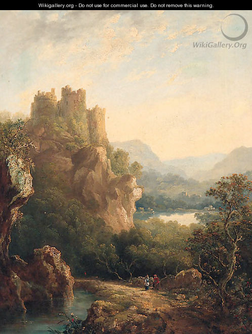 Figures resting on a Path before a hilltop Castle - Margaret Nasmyth