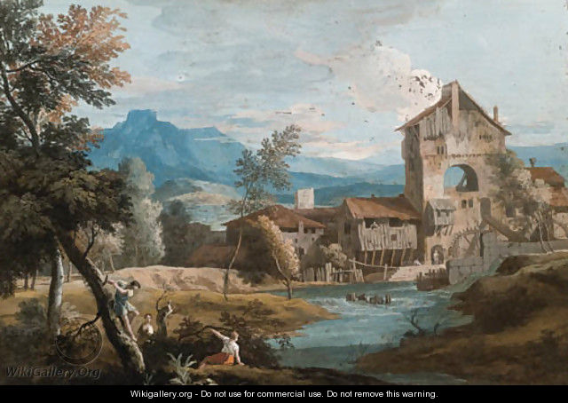 An extensive mountainous landscape with a mill by a stream - Marco Ricci